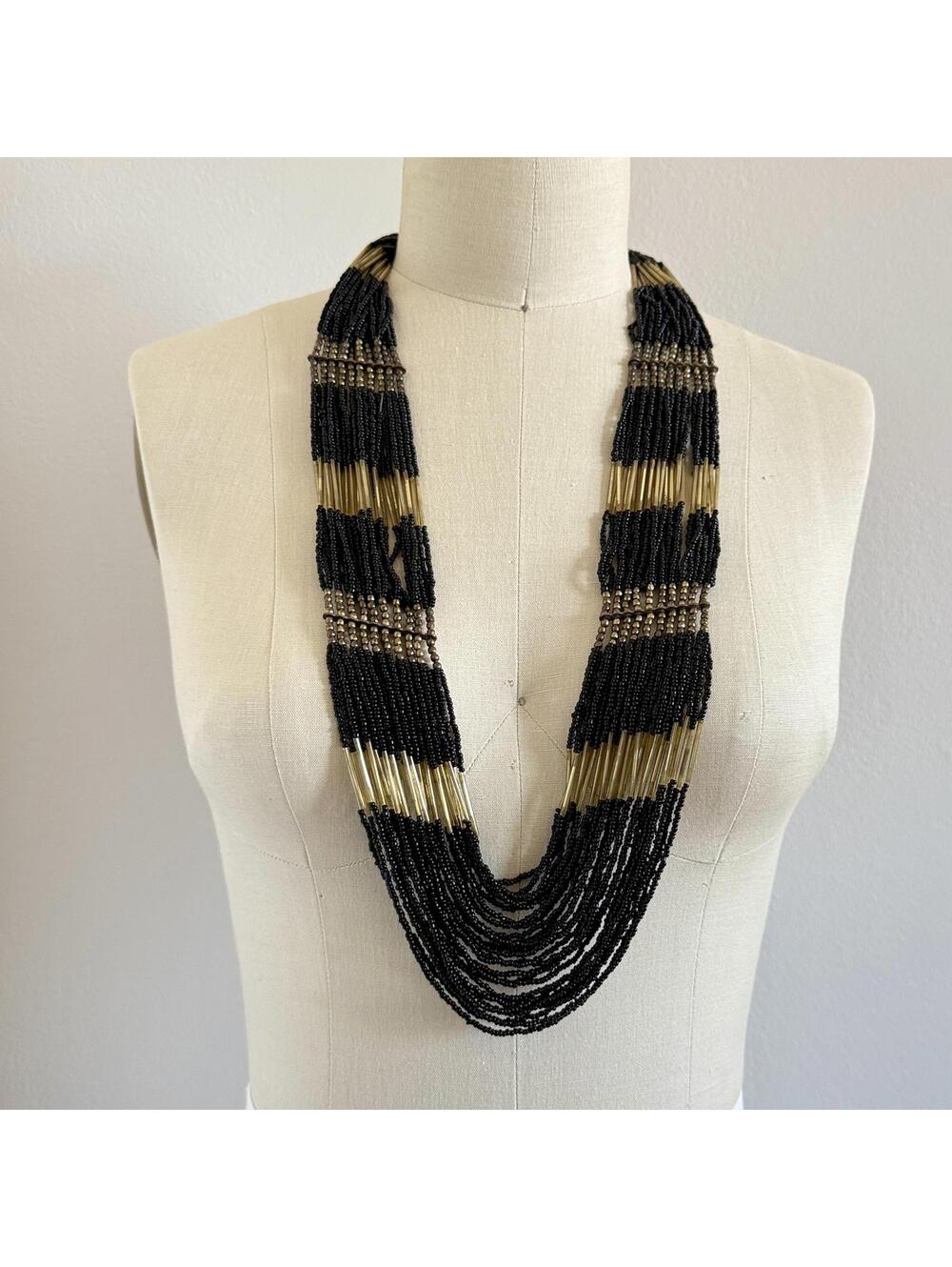 Handmade Black Gold Seed Bead Multi-Strand Bib Necklace Boho Tribal Vintage